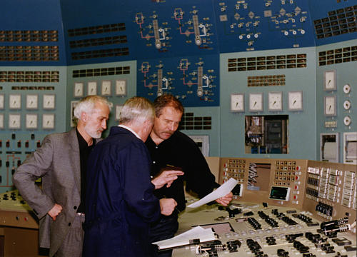  Panels and other components for the Kola Unit 4 full-scope simulator are shown in this 1998 photo.  Electronics experts from VNIIAES completed assembly of the simulator prior to delivery to Kola NPP for installation.