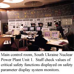 Main control room, South Ukraine Nuclear Power Plant Unit 1.  Staff check values of critical safety functions displayed on safety parameter display system monitors.